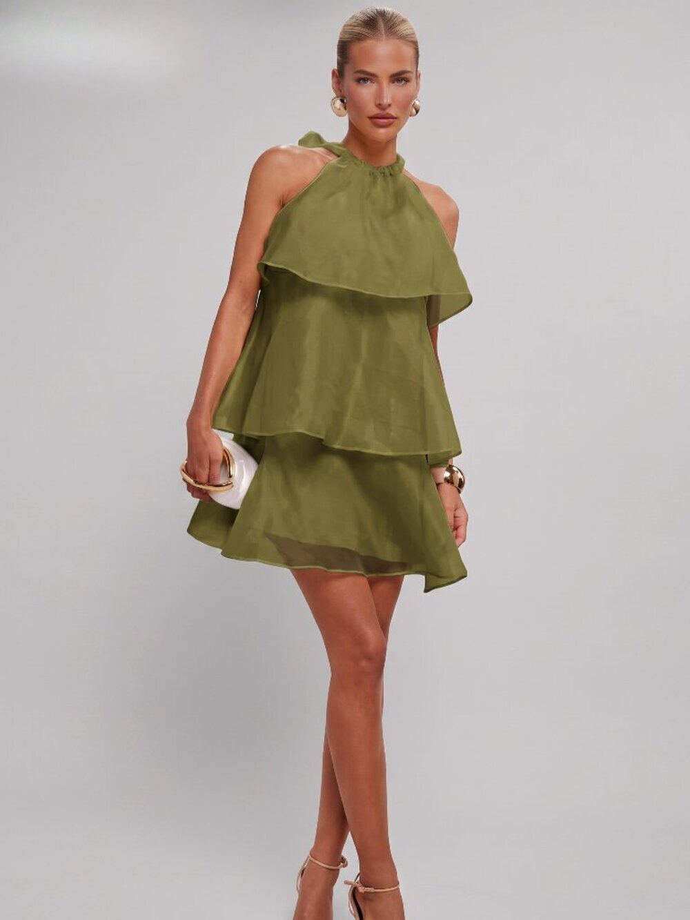 Women's Olive Green Ruffle Halter Mini Dress Wedding Guest Party Vacation